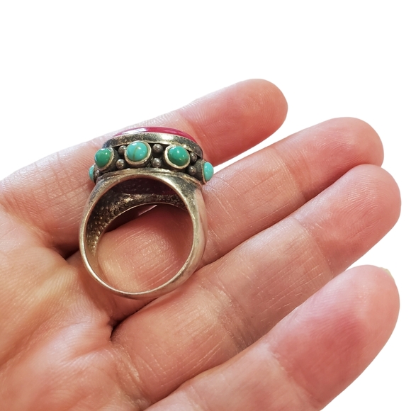 Vintage Sterling Large Turquoise and Gemstone Ring - Picture 10 of 15